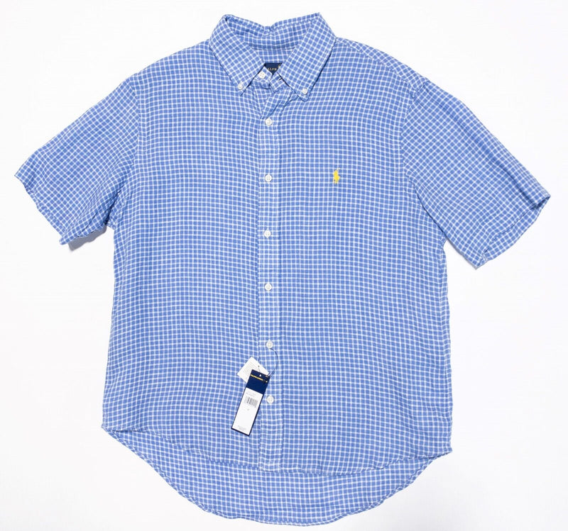 Polo Ralph Lauren Linen Shirt Medium Men's Blue Check Short Sleeve Button-Down