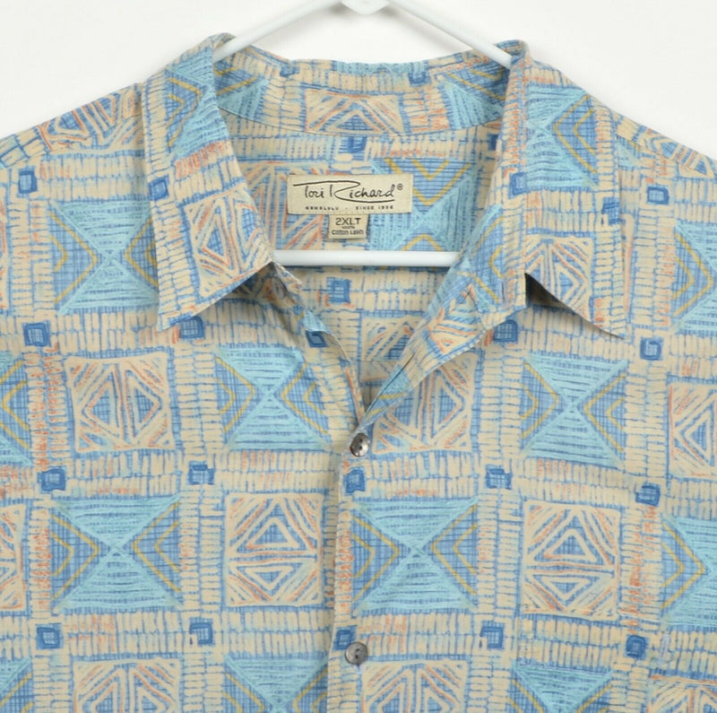 Tori Richard Men's Sz 2XLT Blue Tan Geometric Cotton Lawn Hawaiian Shirt