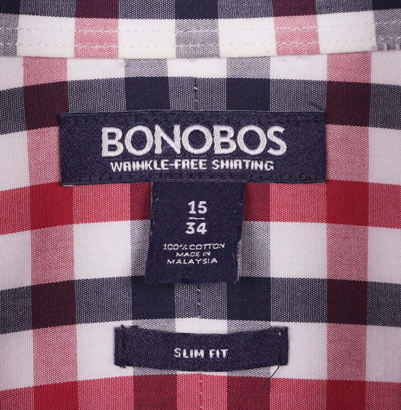 Bonobos Wrinkle-Free Men's 15/34 Slim Fit Blue Red Plaid Check Dress Shirt