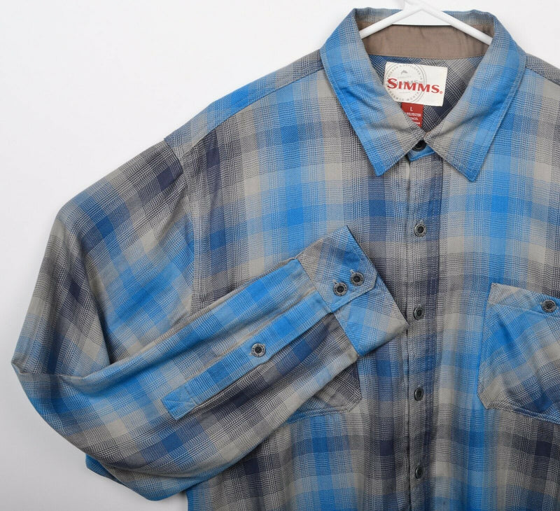 Simms Fishing Men's Large Blue Polyester Tencel Blend Flannel Button-Front Shirt