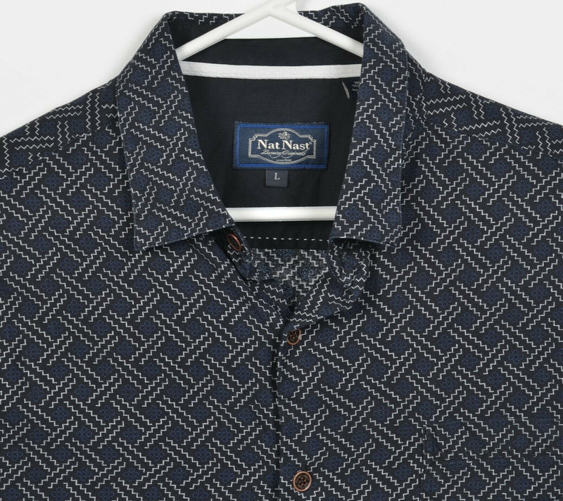 Nat Nast Men's Large Silk Blend Navy Blue Geometric Hawaiian Bowling Retro Shirt