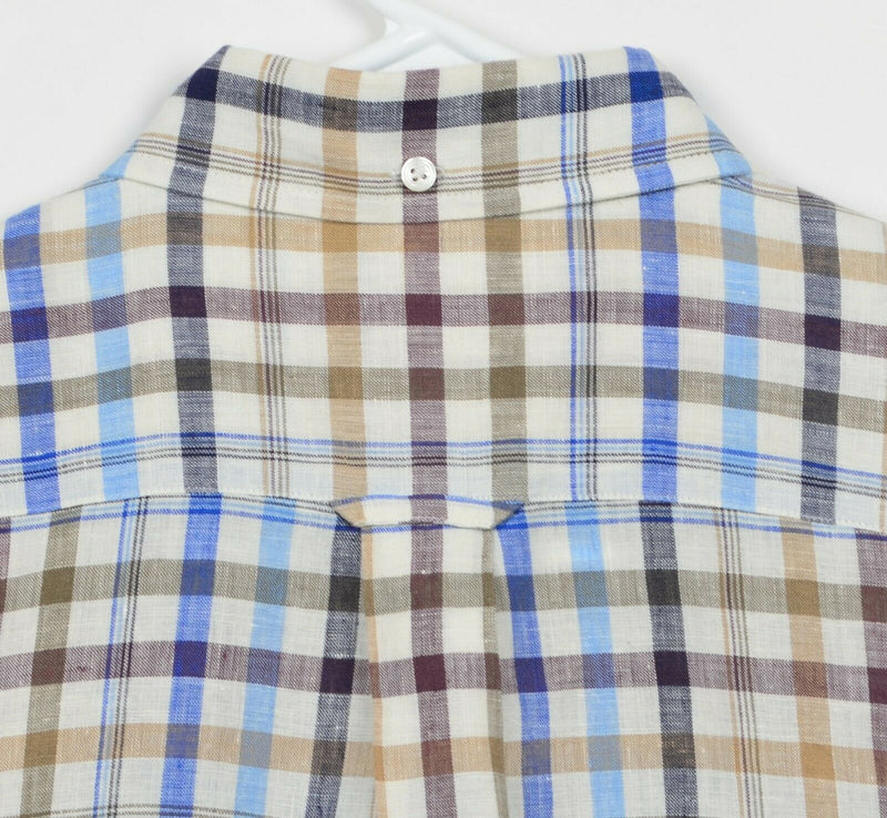 Vtg Faconnable Men's Large 100% Linen Blue Brown Plaid Check Button-Down Shirt
