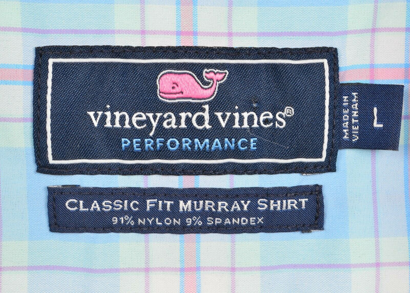 Vineyard Vines Performance Men Large Nylon Wicking Blue Pink Plaid Murray Shirt