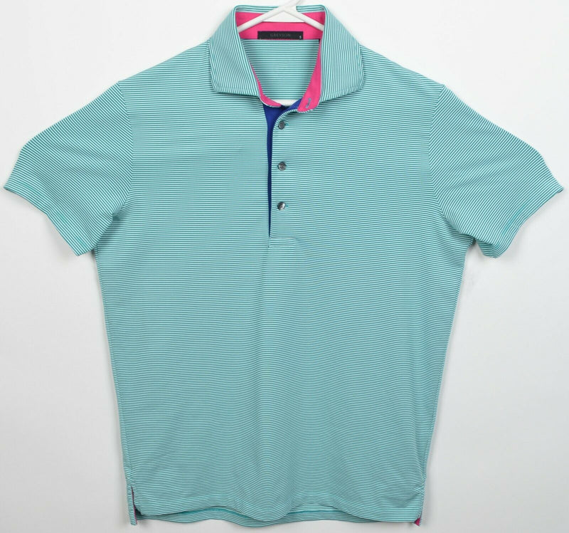 Greyson Men's Small Turquoise Green Striped Wicking Stretch Golf Polo Shirt