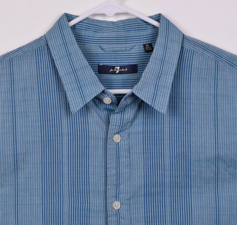 7 For All Mankind Men's Sz XL Blue Striped Long Sleeve Button Front Shirt