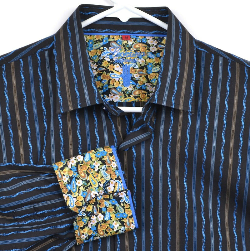 Luchiano Visconti Men's Sz Medium Flip Cuff Paisley Navy Blue Wavy Shirt