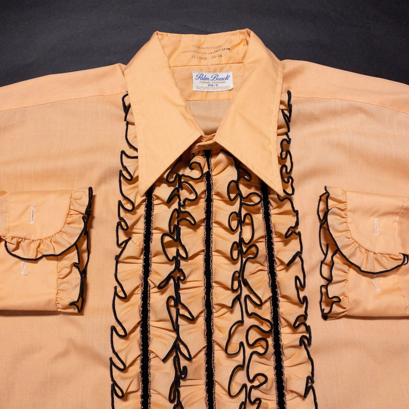 Vintage Palm Beach Ruffle Tuxedo Shirt Men's 2XL 33/34 Peach Orange Formal 70s