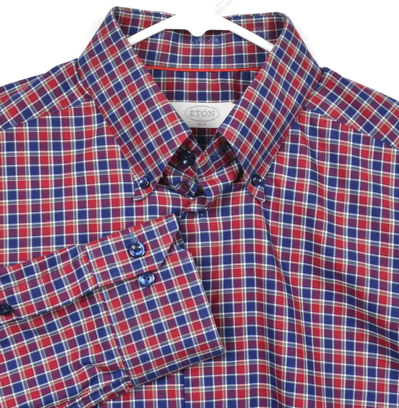 ETON Men's 41/16 Slim (Large) Red Blue Plaid York Button-Down Dress Shirt