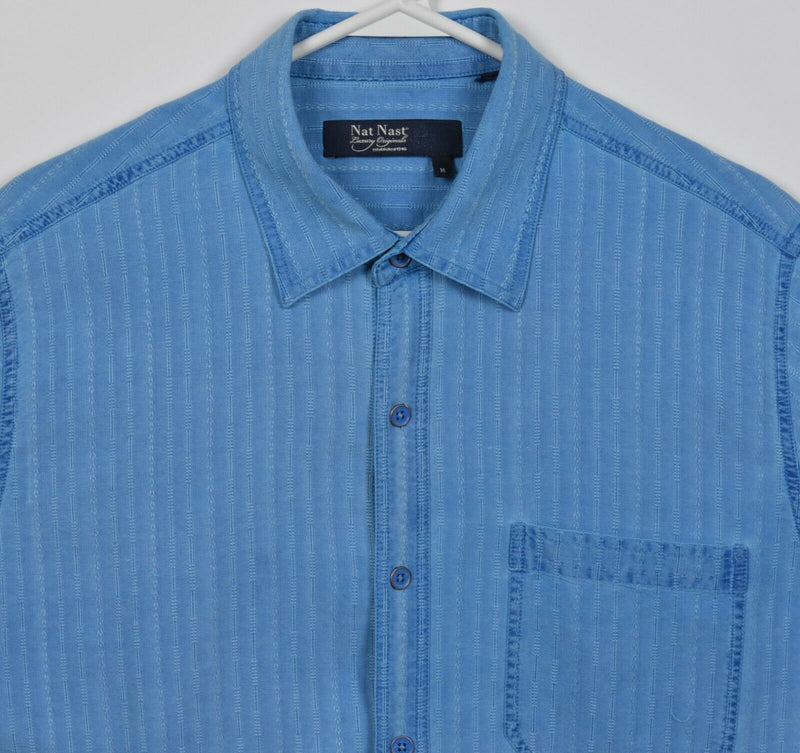Nat Nast Men's Medium 100% Silk Blue Striped Hawaiian Bowling Retro Shirt