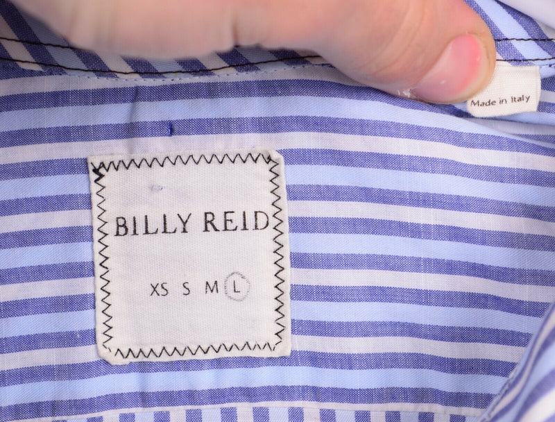 Billy Reid Men's Sz Large Blue White Striped Made in Italy Pocket Shirt