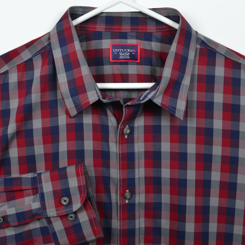 UNTUCKit Men's 2XL Wrinkle Free Red Blue Gray Check Button-Front Shirt