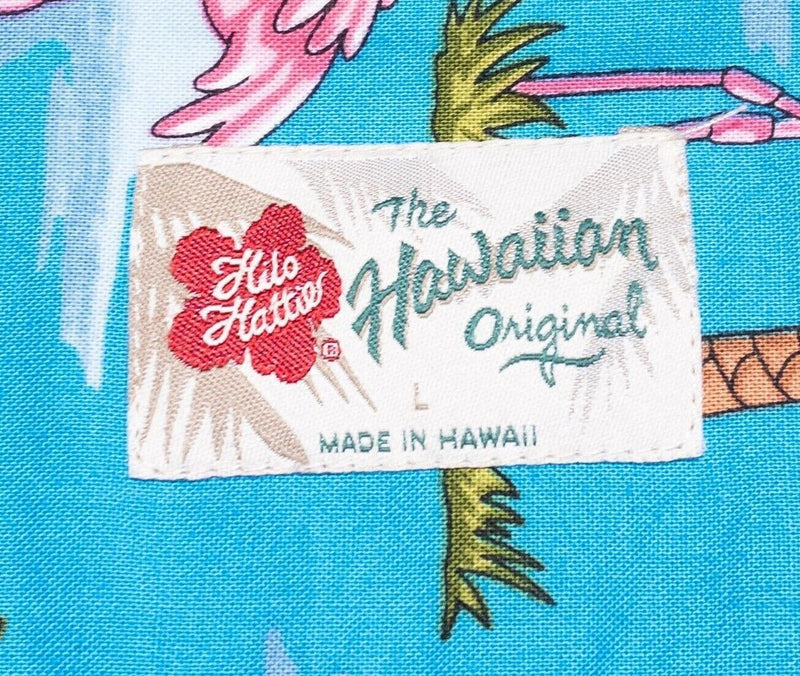 Hilo Hattie Hawaiian Shirt Large Men's Flamingo Floral Blue Pink Aloha Camp