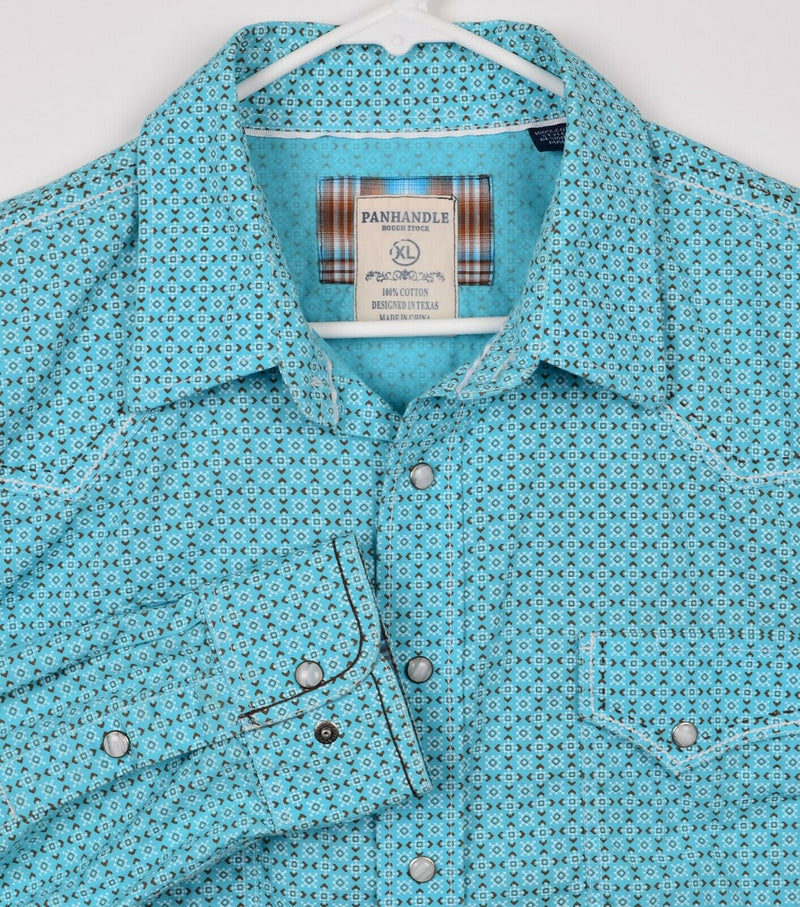Panhandle Rough Stock Mens XL Pearl Snap Aqua Geometric Western Rockabilly Shirt