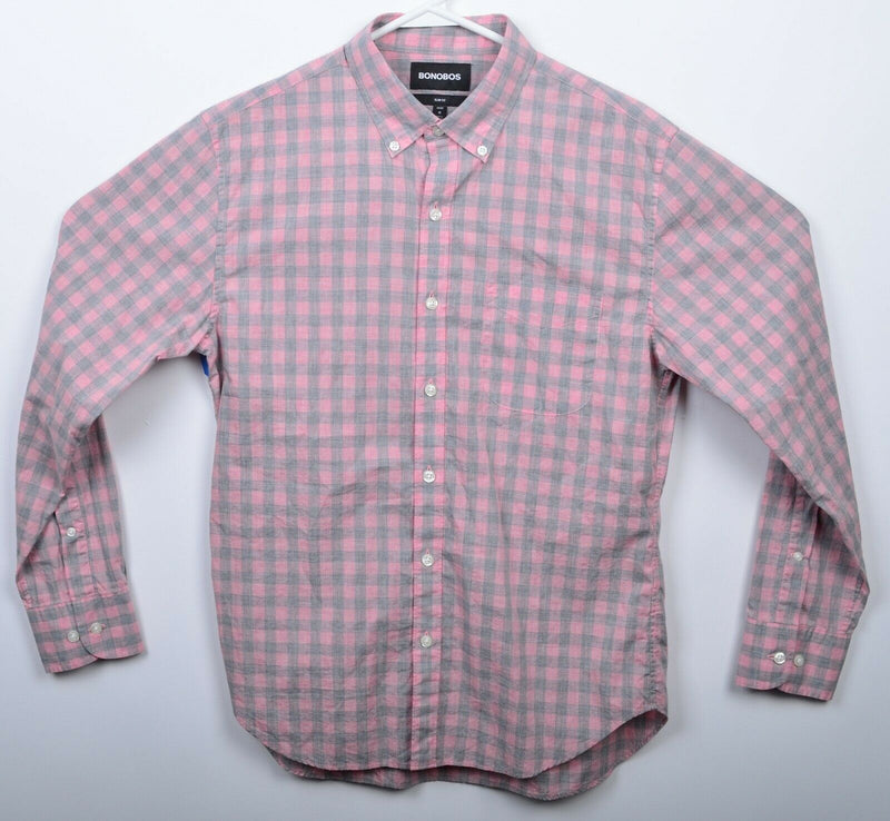 Bonobos Men's Medium Short Slim Fit Pink Gray Check Plaid Button-Down Shirt