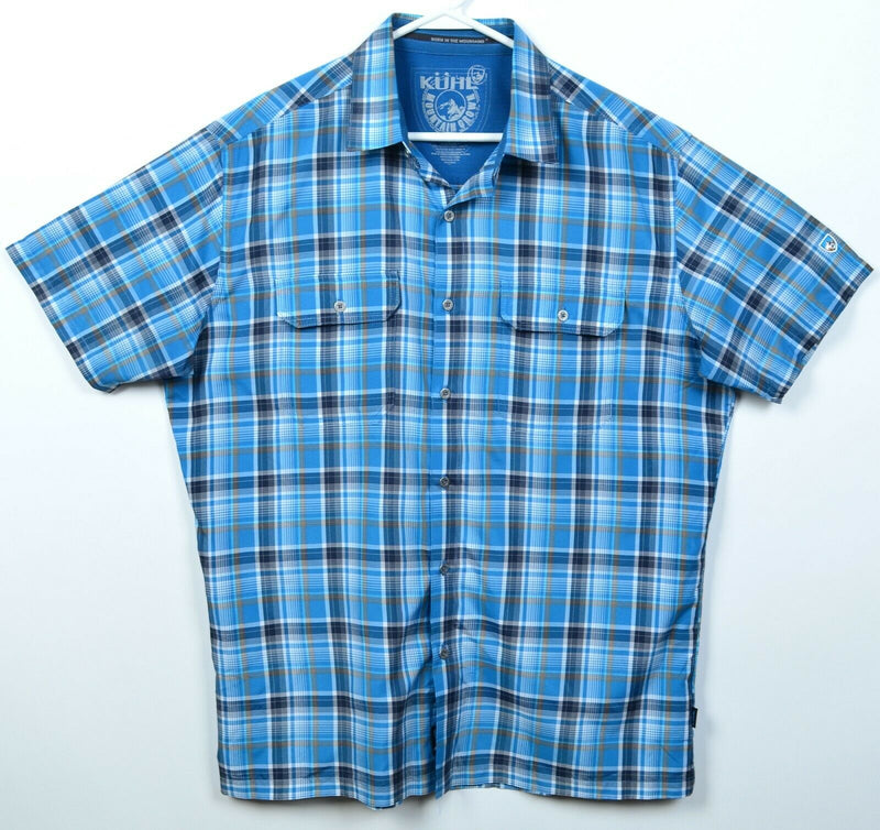 Kuhl Eluxur Men's Large Blue Plaid Hiking Travel Ionik S/S Button-Front Shirt