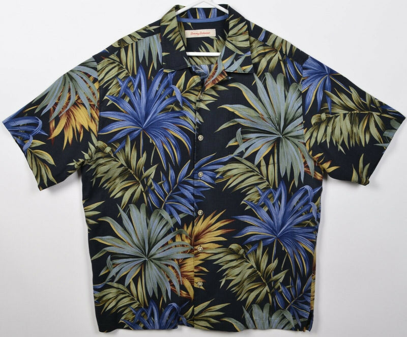 Tommy Bahama Men's Large Silk Blend Floral Palm Black Green Hawaiian Aloha Shirt