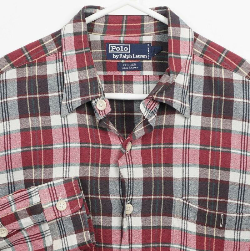 Polo Ralph Lauren Men's Large Collier 100% Rayon Red Plaid Button-Front Shirt