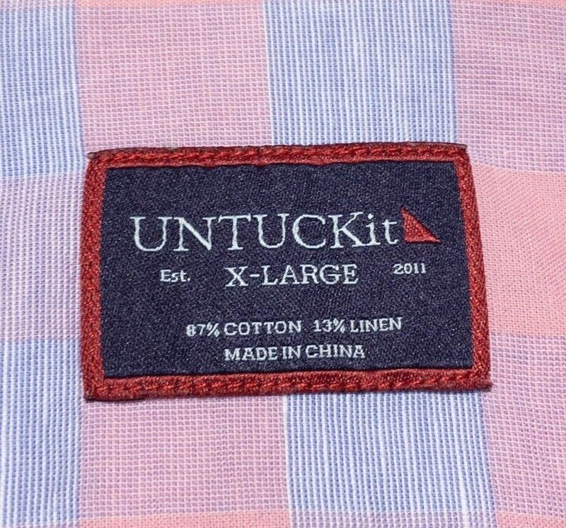 UNTUCKit Linen Shirt Men's XL Peach Pink Blue Check Long Sleeve Button-Front