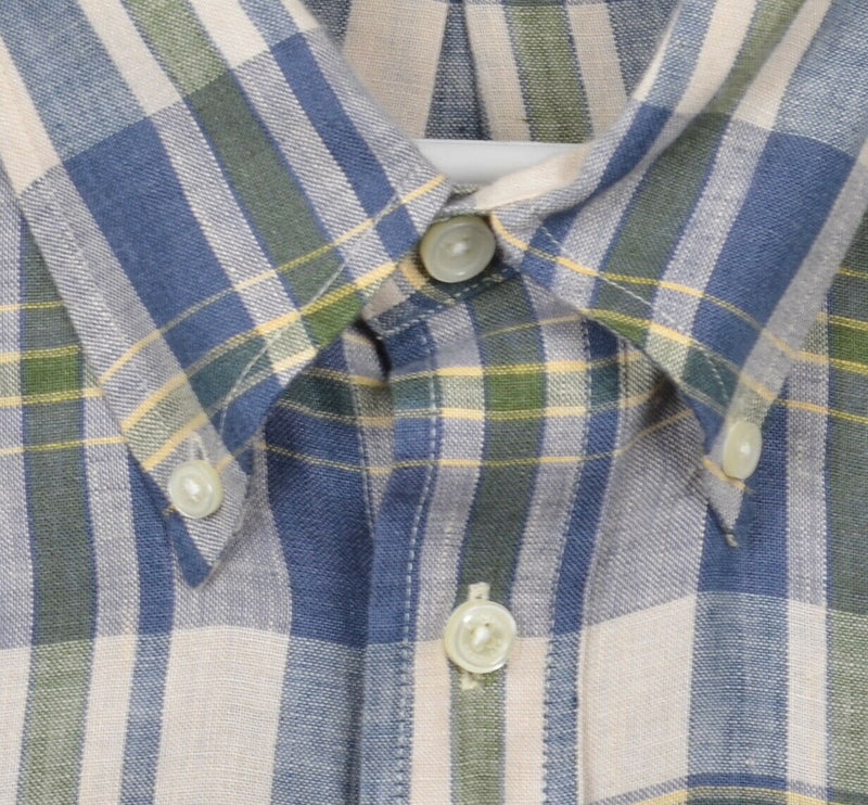 Brooks Brothers Men's XL Irish Linen Blue Green Plaid Regent Button-Down Shirt