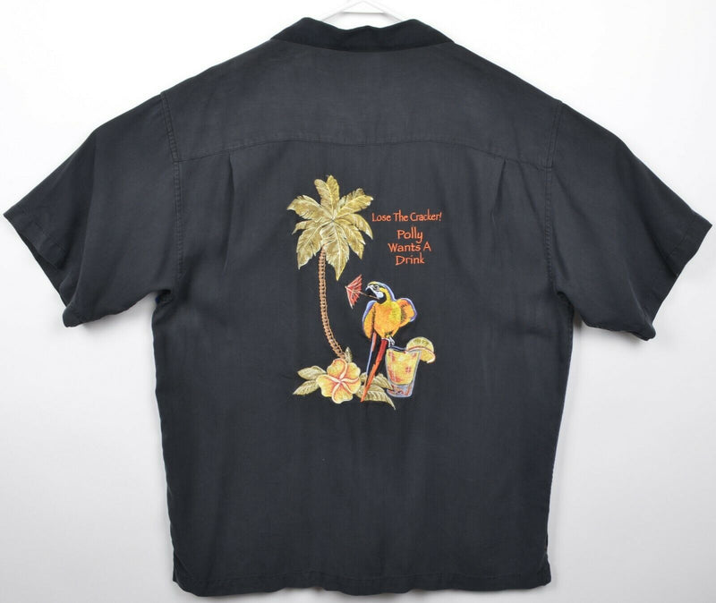 Luau Men's Large Polly Wants a Drink 100% Silk Black Embroidered Hawaiian Shirt