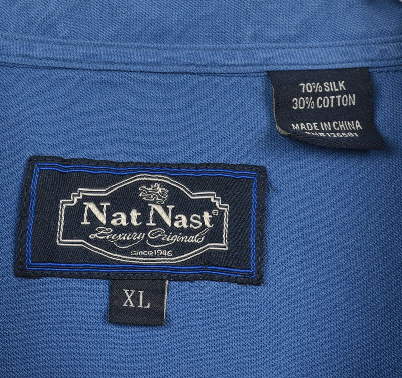 Nat Nast Men's Sz XL Silk Blend Blue Geometric Short Sleeve Hawaiian Camp Shirt