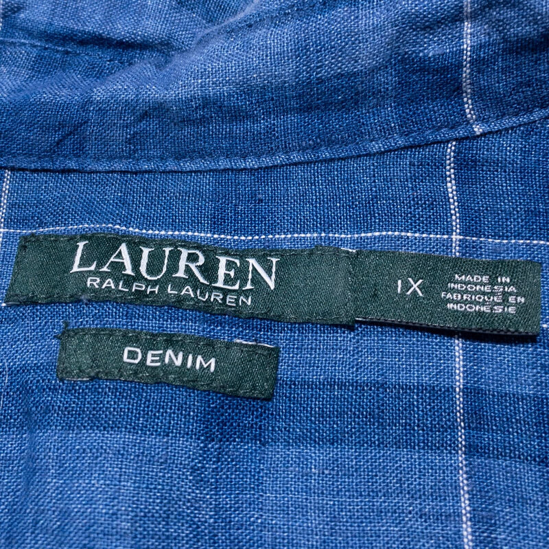 Lauren Ralph Lauren Linen Shirt Women's 1X Blue Plaid Long Sleeve Button-Up