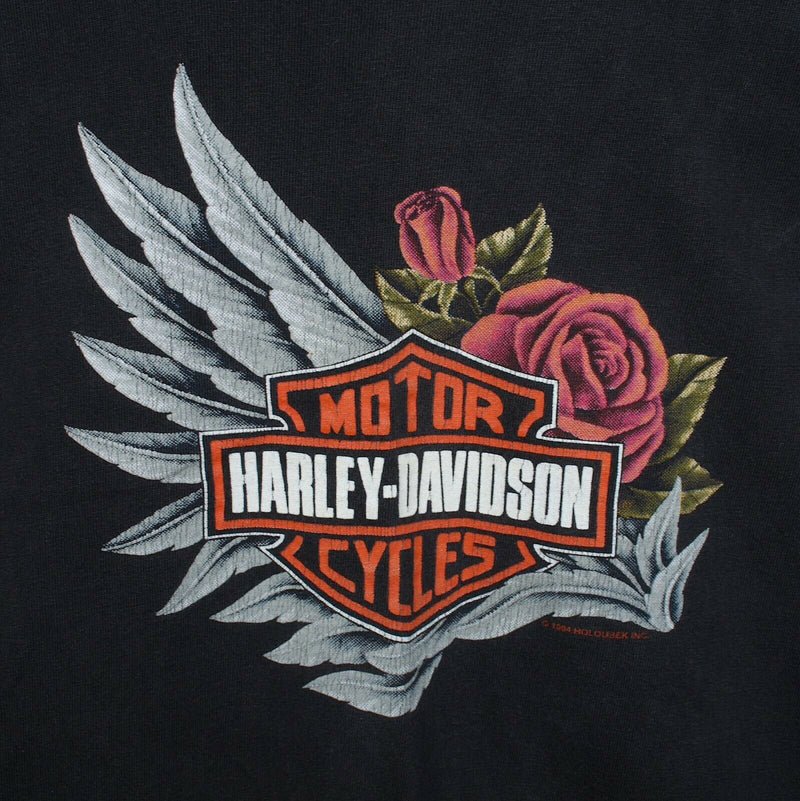Vintage 90s Harley-Davidson Men's M/L Roses Logo Black Graphic T-Shirt