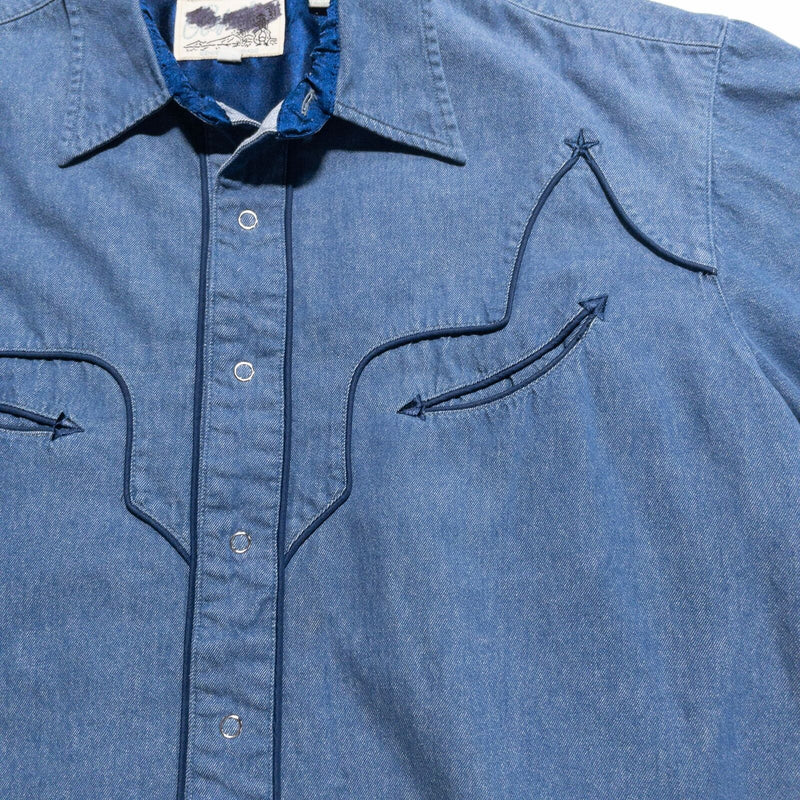 Roper Denim Pearl Snap Shirt Men's XL Western Rockabilly Blue Smile Pocket Star