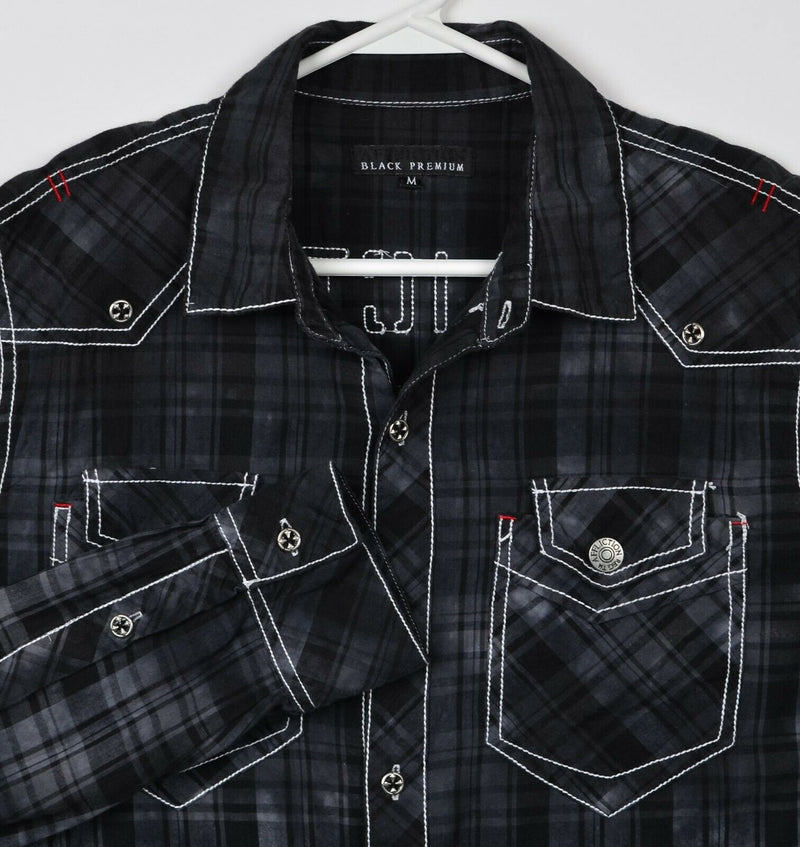 Affliction Black Premium Men's Medium Skull Wing Black Plaid Button-Front Shirt