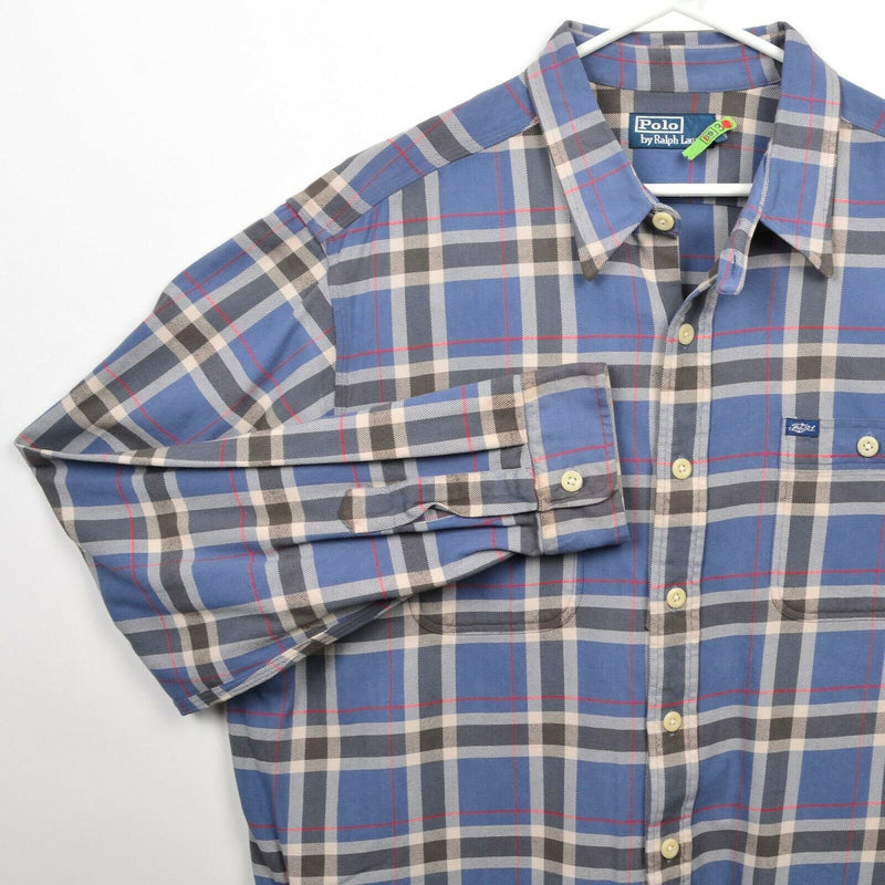 Polo Ralph Lauren Men's 2XL Blue Gray Plaid Button-Front Flannel Shirt