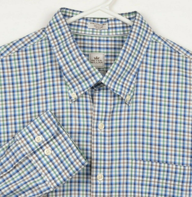 Peter Millar Men's 2XL Nanoluxe Easy Care Blue Plaid Check Button-Down Shirt