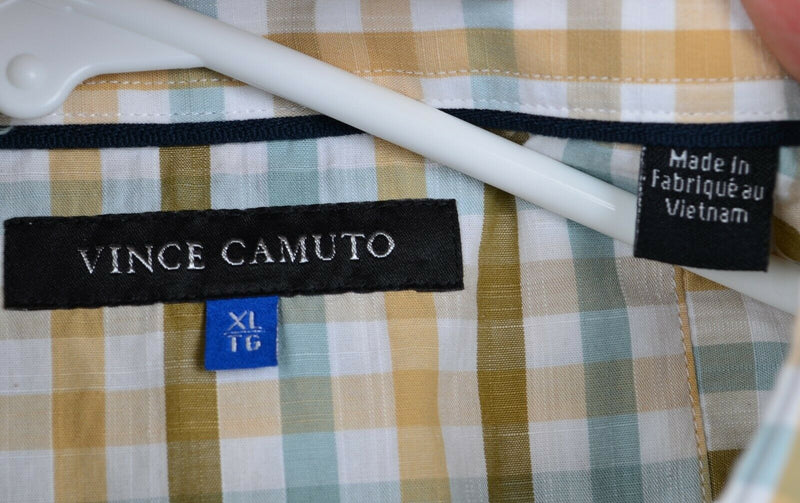 Vince Camuto Men's Sz XL Yellow Gold Plaid Check Cutaway Long Sleeve Shirt