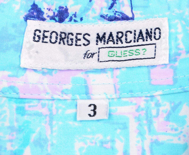 Vtg 90s Guess Men's Sz Large 3 Georges Marciano Blue Teal Purple Hawaiian Shirt