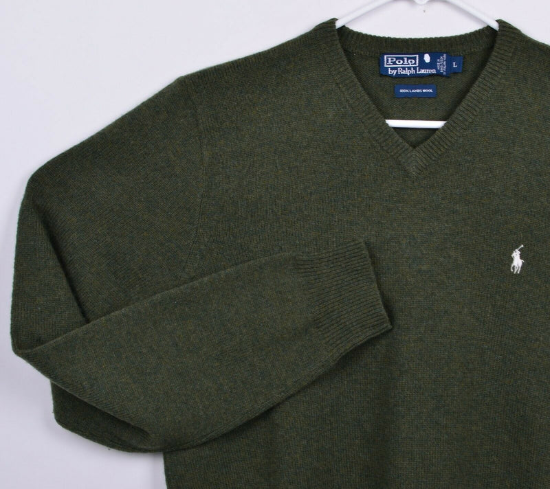 Polo Ralph Lauren Men's Large 100% Lambswool Olive Green V-Neck Pullover Sweater