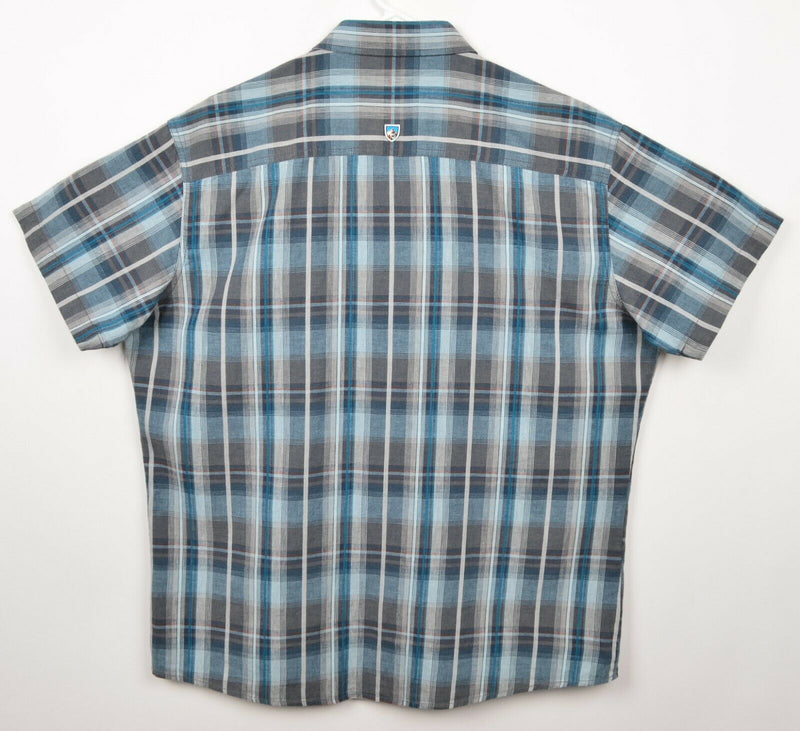 Kuhl Men Sz XL Taper Fit Linen Cotton Blend Blue Gray Plaid Hiking Casual Shirt