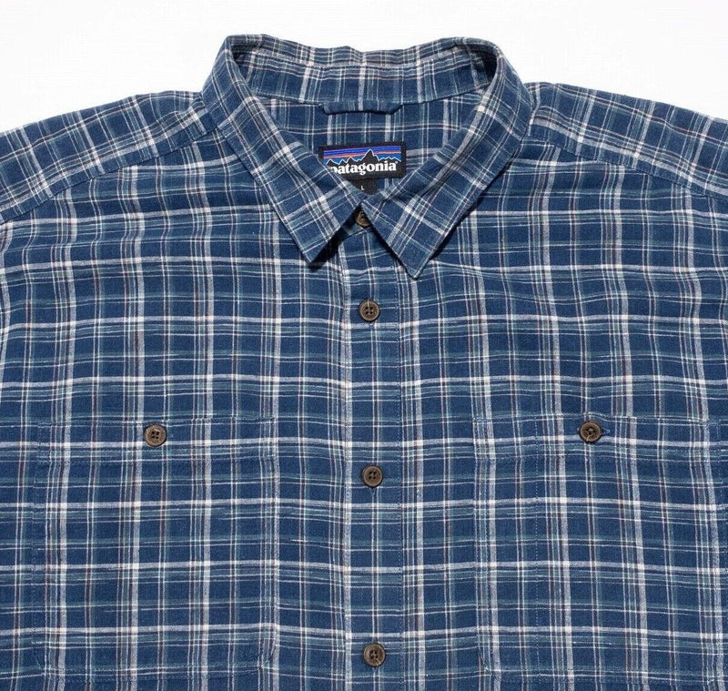 Patagonia Back Step Shirt Large Men's Hemp Blend Blue Plaid Short Sleeve Button