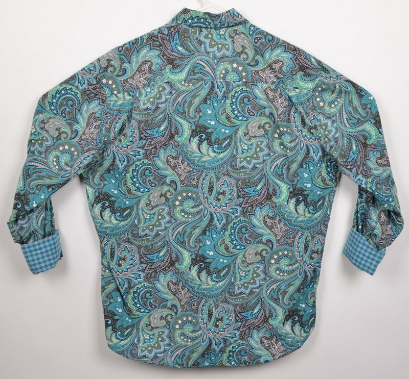 Alan Flusser Men's Large Flip Cuff Paisley Green Blue Button-Front Shirt