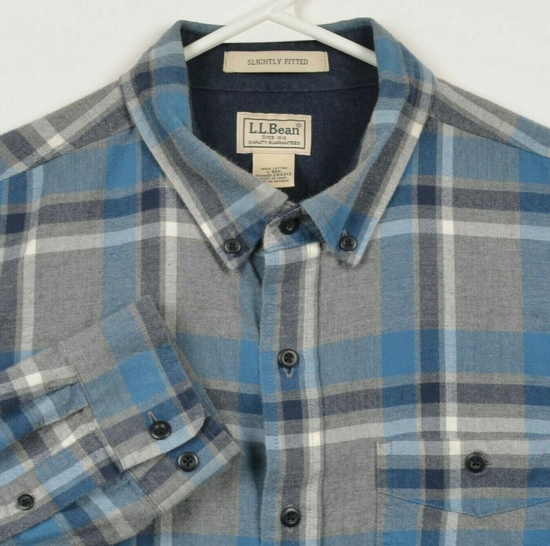 LL Bean Men's Large Lakewashed Flannel Gray Blue Plaid Slightly Fitted Shirt