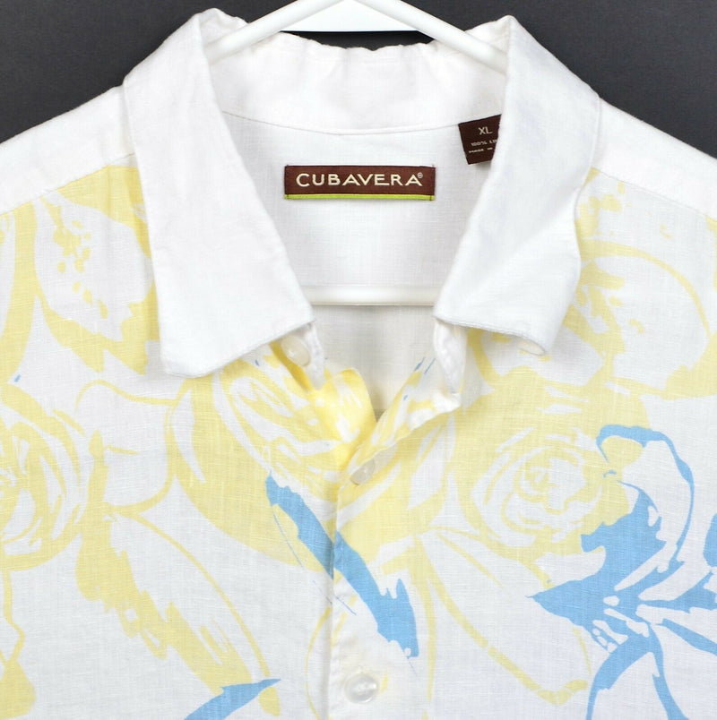 Cubavera Men's XL 100% Linen Floral Blue Yellow White Hawaiian Camp Shirt