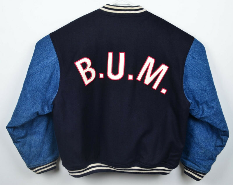 B.U.M. Equipment Men's Large Varsity Bomber Denim Wool Snap Vintage 90s Jacket