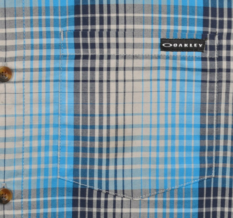 Oakley Men's Medium Regular Fit Blue Gray Plaid Cotton Poly Blend Button Shirt