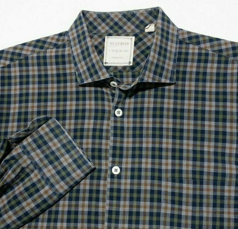 Billy Reid Large Standard Shirt Green Blue Check Long Sleeve Button-Front Men's