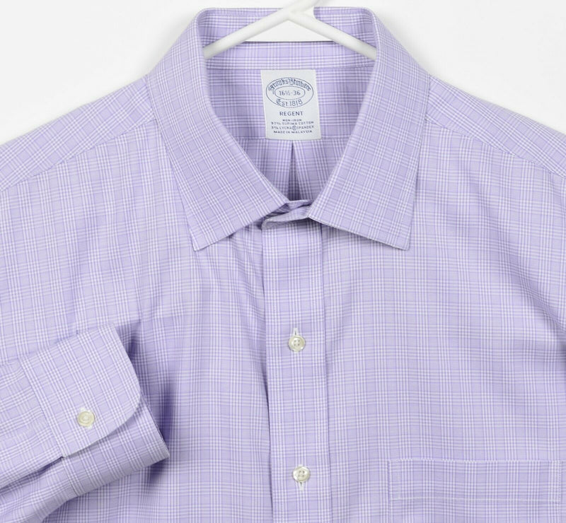 Brooks Brother Men's 16.5-36 Non-Iron Purple Plaid Cotton Spandex Dress Shirt