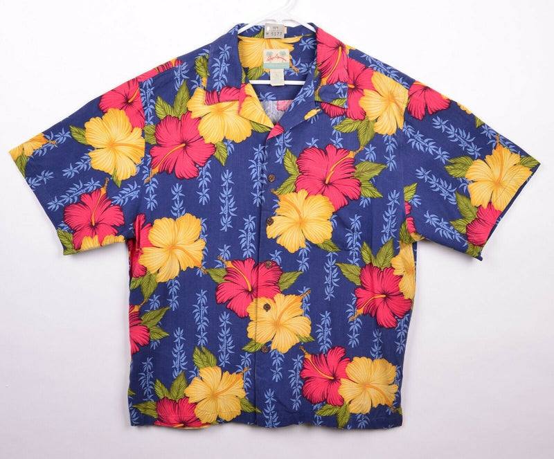 Reyn Spooner Men’s Sz Large 100% Silk Blue Hibiscus Floral Hawaiian Aloha Shirt