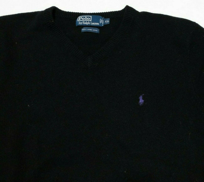 Polo Ralph Lauren 100% Lambs Wool Solid Black V-Neck Knit Sweater Men's 2XL