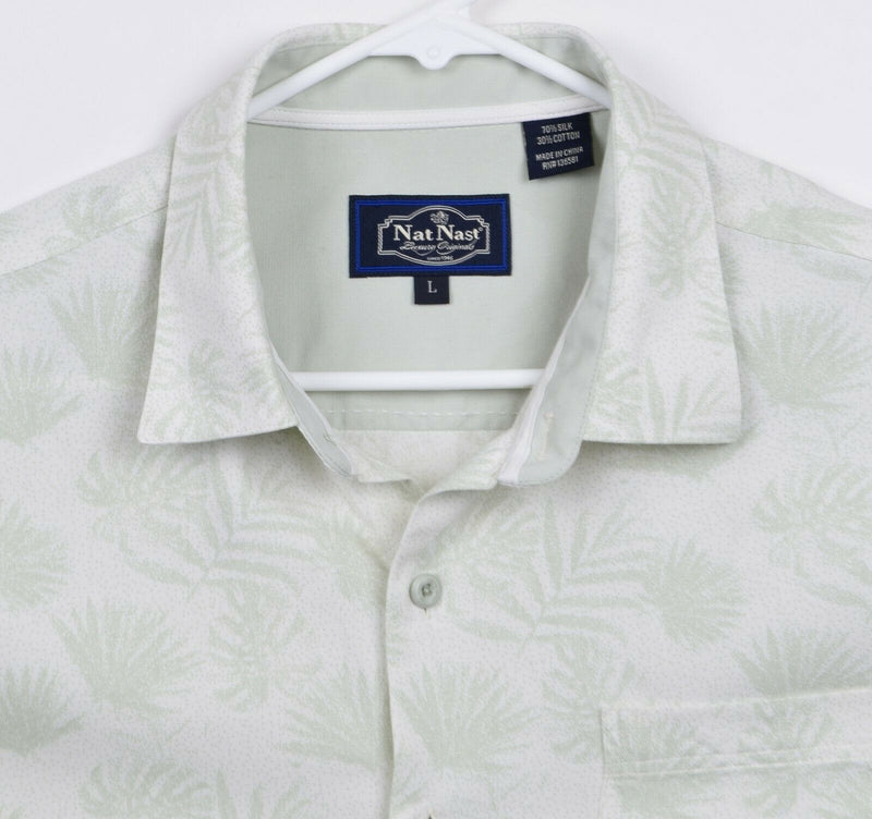 Nat Nast Men's Sz Large Silk Blend Floral Green Hawaiian Aloha Camp Shirt