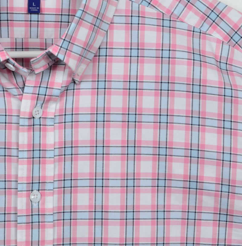 FootJoy 1857 Men's Large Pink Plaid Stretch Twill Woven Golf Button-Down Shirt