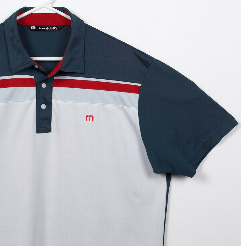 Travis Mathew Men's XL White Blue Red Striped Polyester Wicking Golf Polo Shirt