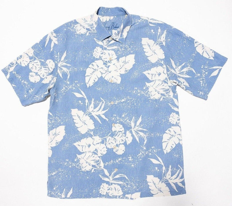 Tommy Bahama Hawaiian Shirt Silk Large Men's Blue White Floral Aloha Camp
