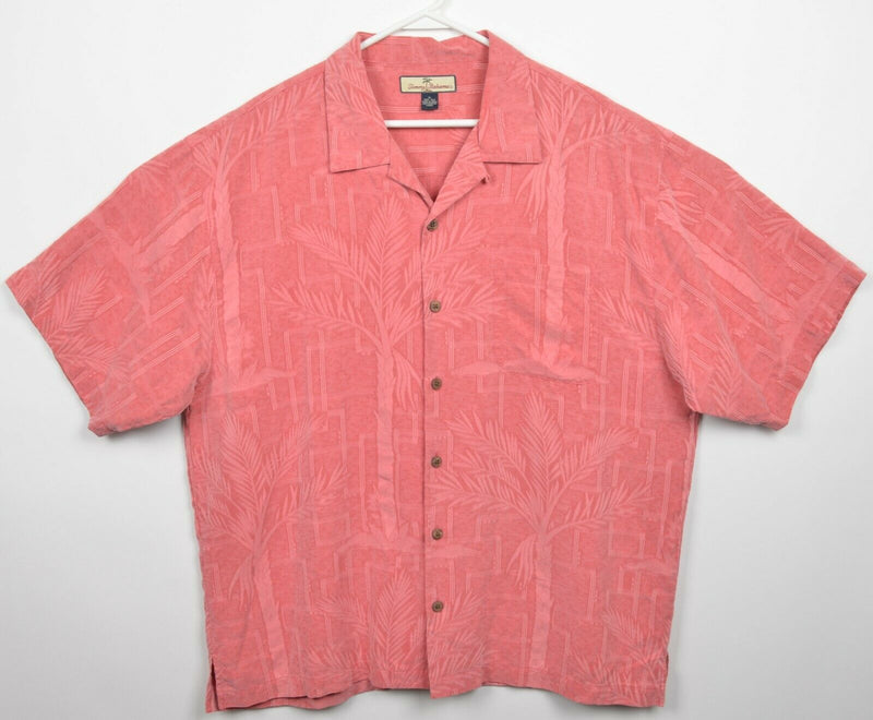 Tommy Bahama Men's XL 100% Silk Peach Pink Textured Palm Floral Hawaiian Shirt